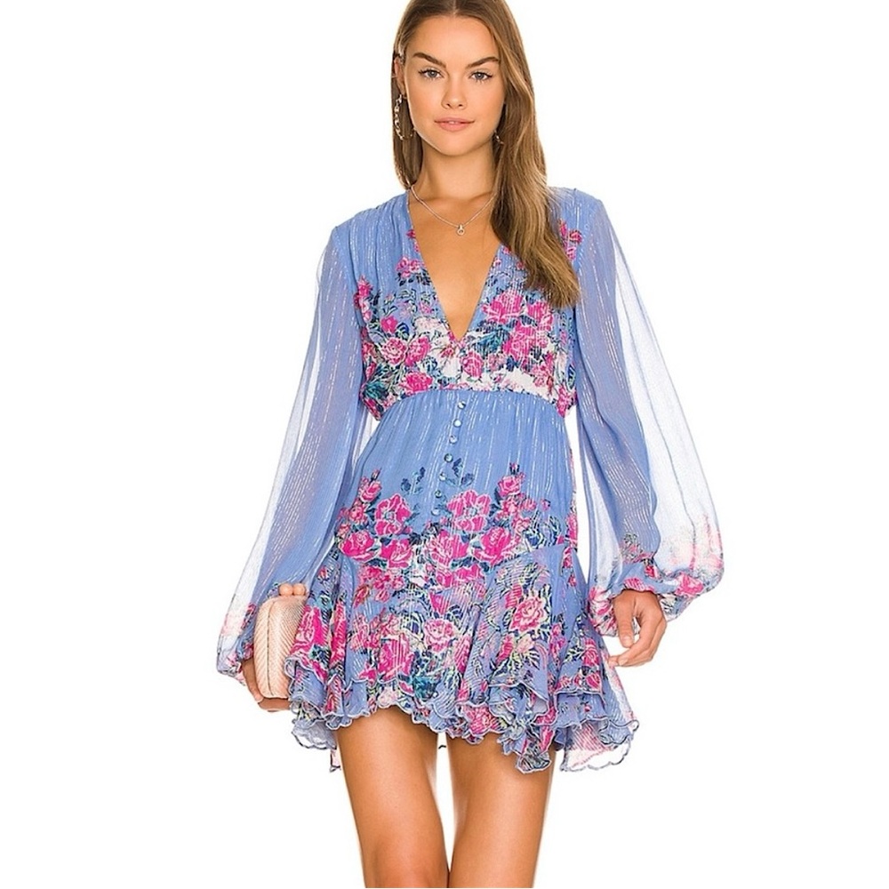 HEMANT & NANDITA Periwinkle Blue Floral Mini Dress with Pink Roses